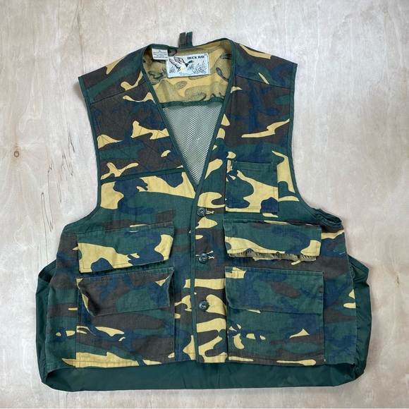 Vintage Duck Bay Men’s XL Camouflage Pockets Hunting Button Camo Vest Cotton - Picture 1 of 4